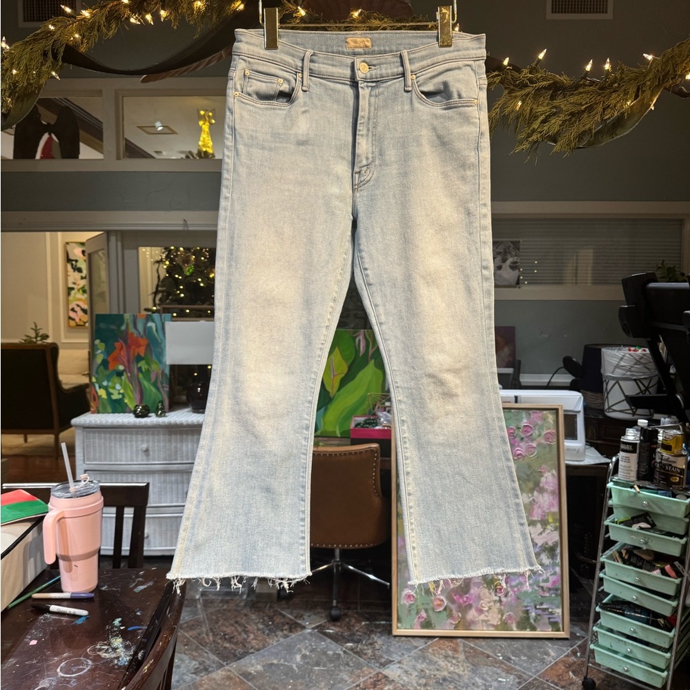 MOTHER Light Blue Flare Jeans with Raw Hem